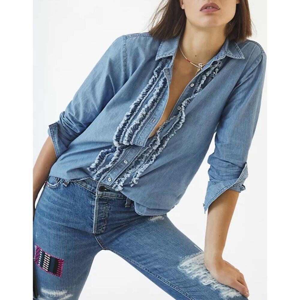 Anthropologie Pilcro Juni Ruffled Chambray Button Down Shirt Small